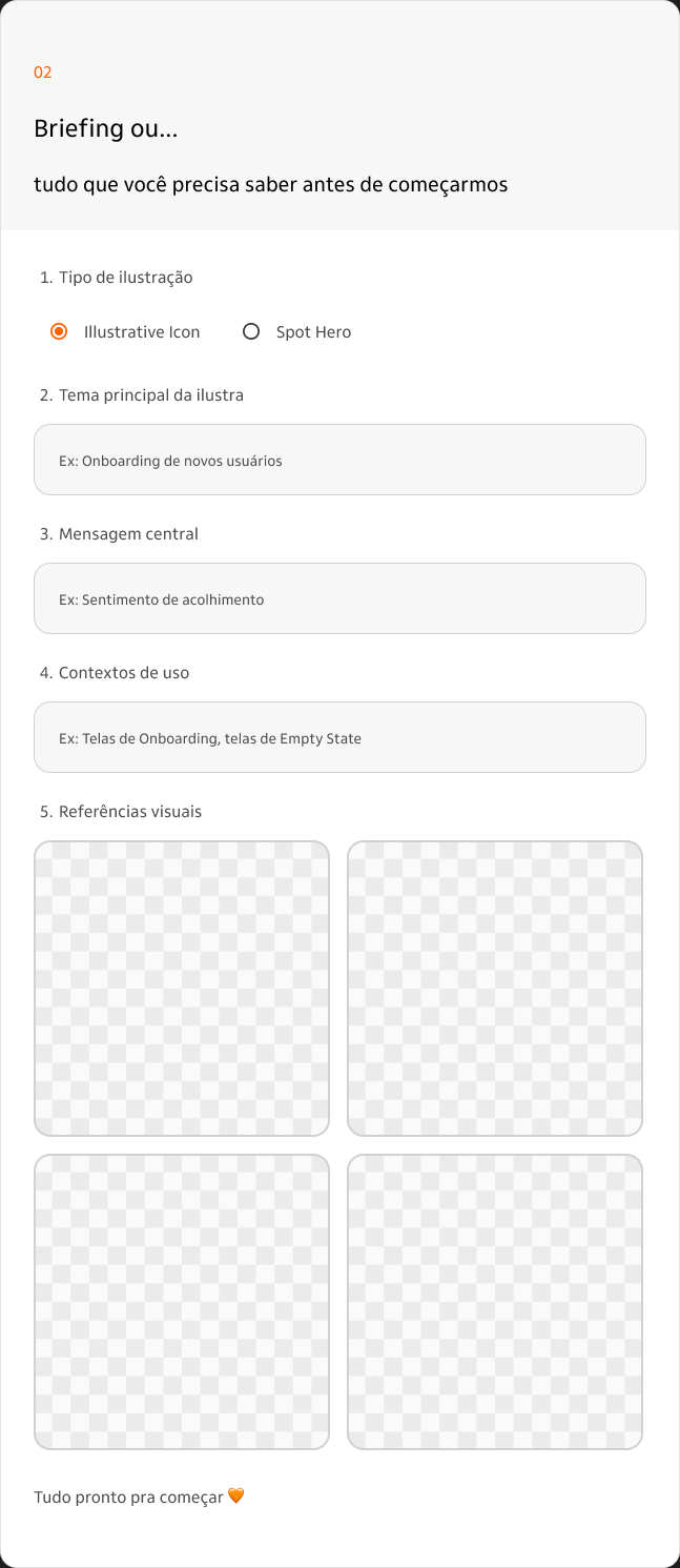 Briefing da ilustração com tipo, tema, mensagem, contexto e referências