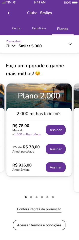 Tela de planos do Clube Smiles com cards de plano em carrossel