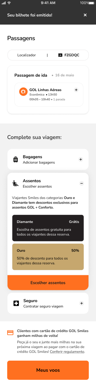 Tela de bilhete emitido com sugestões para completar a viagem